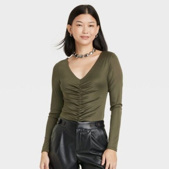 NWT A New Day Olive Green Ruched Long Sleeve Bodysuit Size 2X - Picture 2 of 11